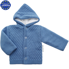 Gilet manteau bébé en maille bleu cobalt doublé blanc