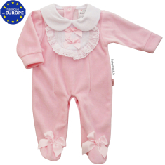 Pyjama dors bien bébé fille en velours rose, plastron et noeud satin