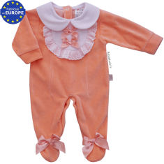Pyjama dors bien bébé fille en velours abricot, plastron et noeud satin