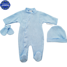 Kit naissance été 3 pièces en gaze coton bleu pyjama bonnet moufles