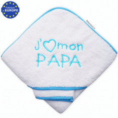 Sortie de bain bébé + gant éponge brodée J'aime Papa turquoise