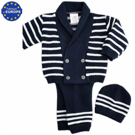 Ensemble bébé 3 pièces en maille P'tit marin bleu marine