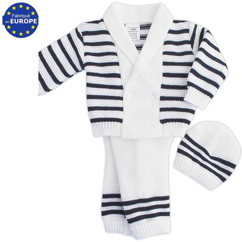 Pull bébé garçon à col châle en maille gris chiné et marine > Babystock