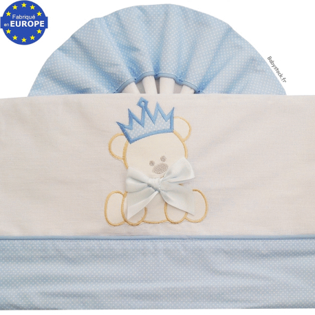 Parure lit bébé 3 pièces en coton blanc / bleu brodé Ourson