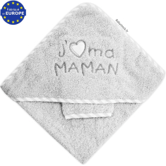 Cape de bain bébé en éponge brodée J'aime ma Maman gris