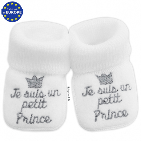 Chaussons bébé garçon en maille Je suis un petit Prince gris