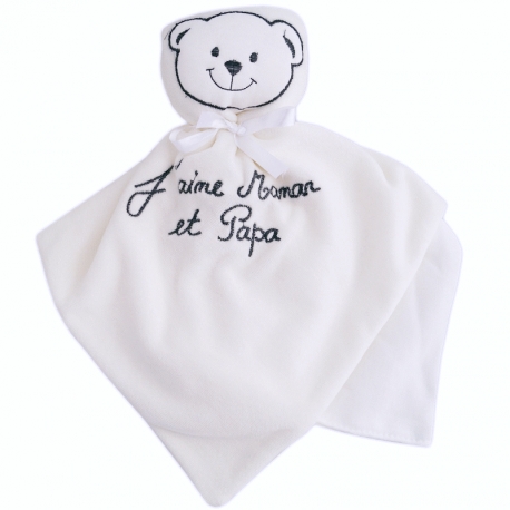 Doudou bébé mixte en velours blanc J'aime Maman et Papa
