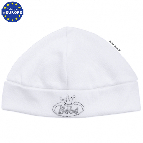 Bonnet naissance en coton blanc brodé Bébé gris