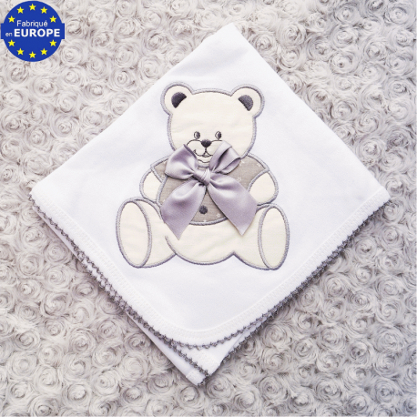 Lange bébé en jersey de coton blanc brodé Ourson gris