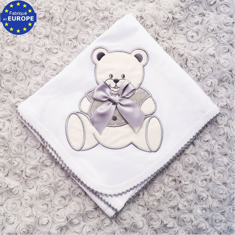 Lange mixte pour bébé en jersey de coton blanc brodé Ourson gris à 7,99 €