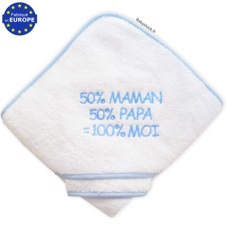 Sortie de bain bébé 50% Maman 50% Papa = 100% Moi bleu