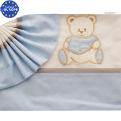 Parure de berceau / landau en coton blanc / bleu à pois Ourson