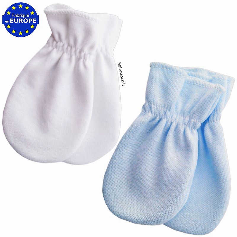 Lot 2 paires de moufles bébé anti-griffures garçon en coton bleu et blanc à  4,99 €