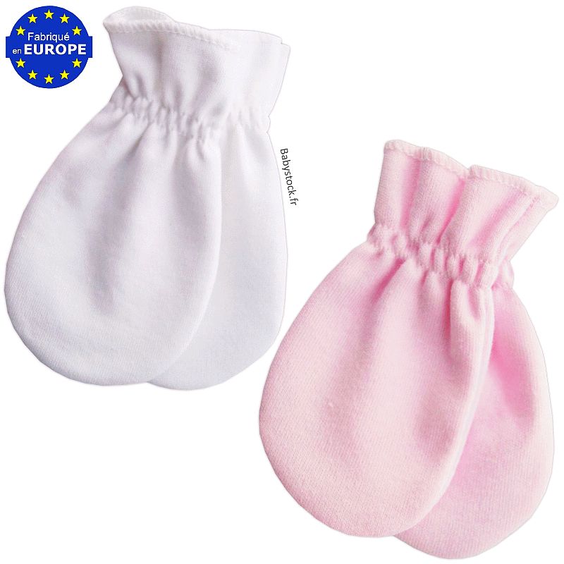 Petites moufles bébé en pur coton blanc uni anti-grattage