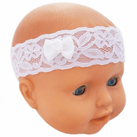 Bandeau bébé de baptême en maille filet blanc, noeud en voile et