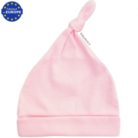 Bonnet bébé fille en jersey coton rose dragée avec nœud