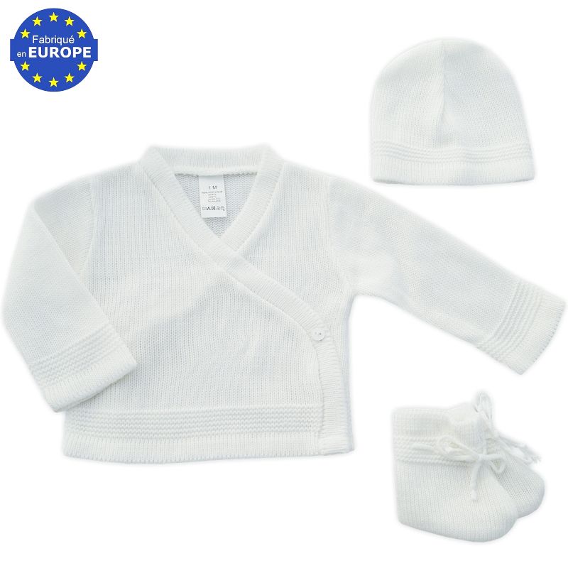 Ensemble naissance bébé brassière, bonnet et chaussons - Blanc - Made in  Bébé