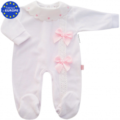 Pyjama bébé à collerette velours blanc dentelle nœuds satin rose