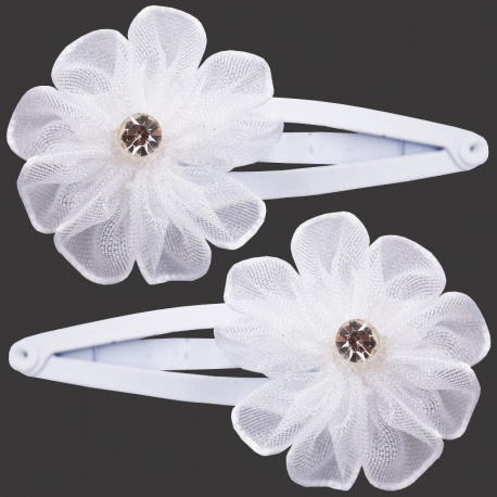 Lot 2 barrettes clic-clac avec fleur en organza et strass