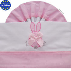 Parure linge lit fille 60x120cm coton brodé Lapin rose 3 pièces