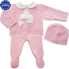 Ensemble bébé fille 3 pièces en maille rose et blanc nœud