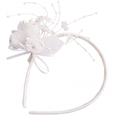 Serre-tête de baptême satin blanc avec fleurs perles et strass