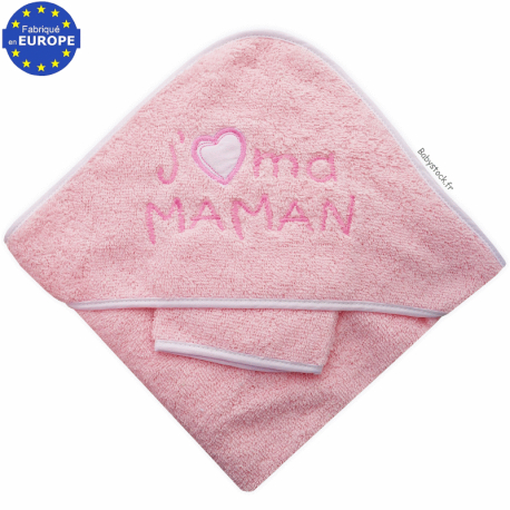 Sortie de bain bébé fille éponge rose brodé J'aime ma Maman