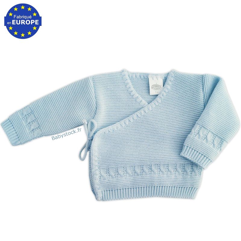 Brassière bébé garçon 0/3 mois en maille tricot point mousse et torsades  bleu layette fabriqué au Portugal à 8,99 €