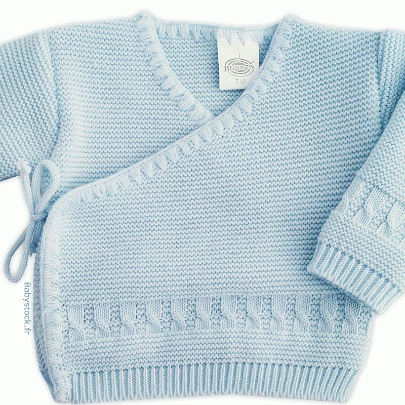 Brassière bébé garçon 0/3 mois en maille tricot point mousse et torsades  bleu layette fabriqué au Portugal à 8,99 €