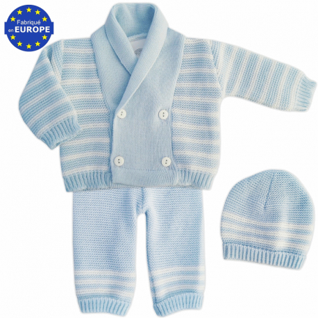 Ensemble bébé garçon 3 pièces gilet + pantalon + bonnet en maille