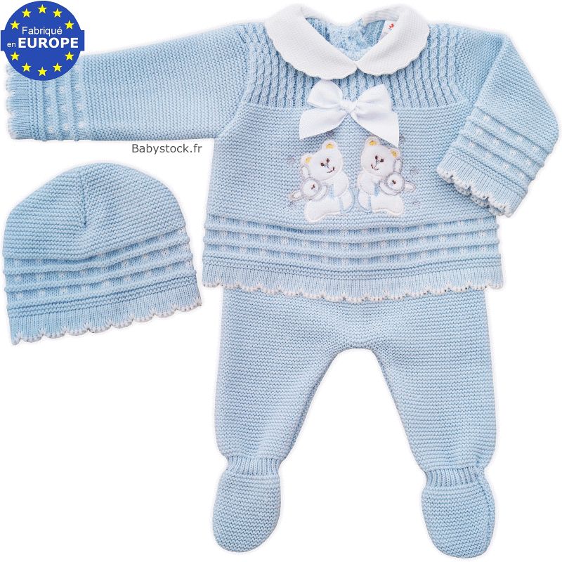 Ensemble Acrylique Bebe Garcon Brode Bleu Layette Gris Babystock