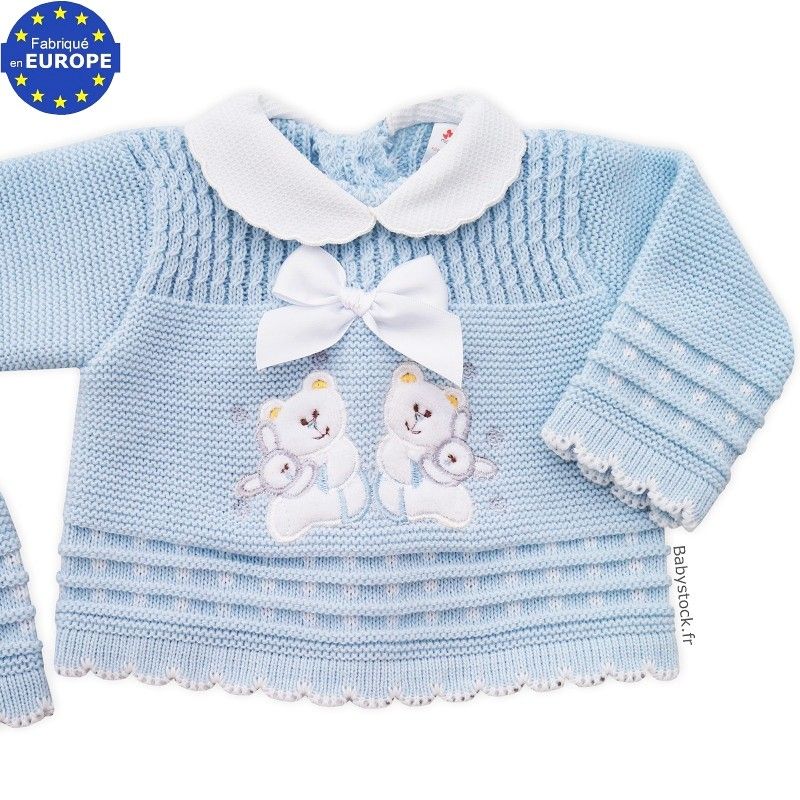 Ensemble Acrylique Bebe Garcon Brode Bleu Layette Gris Babystock