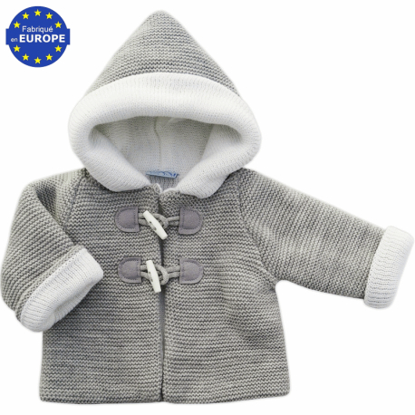 Gilet manteau bébé en maille tricot gris chiné doublé blanc
