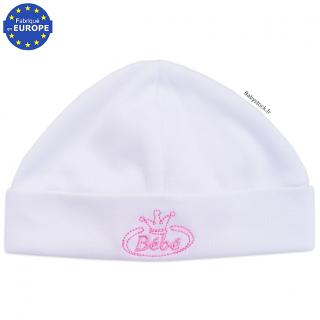 Bonnet naissance en coton blanc brodé Bébé rose