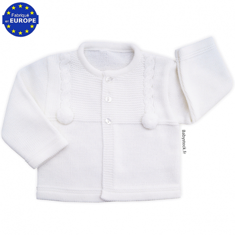 Gilet bébé blanc en tricot maille jersey, torsades et pompons