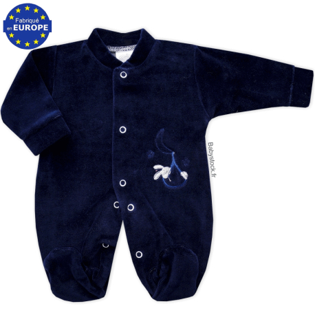 Pyjama bébé prématuré 43cm en velours marine brodé cigogne