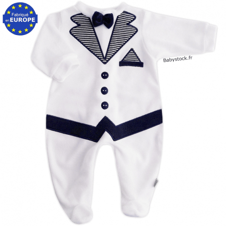 Pyjama Bebe Garcon Effet Smoking En Velours Blanc Brode Marine Fabrique Au Portugal A 13 99