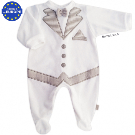Pyjama bébé garçon effet costume en velours blanc et gris