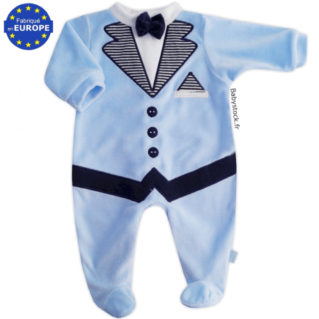 Pyjama bébé garçon effet smoking en velours bleu et marine
