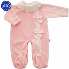 Pyjama bébé à collerette velours rose dentelle et nœuds satin