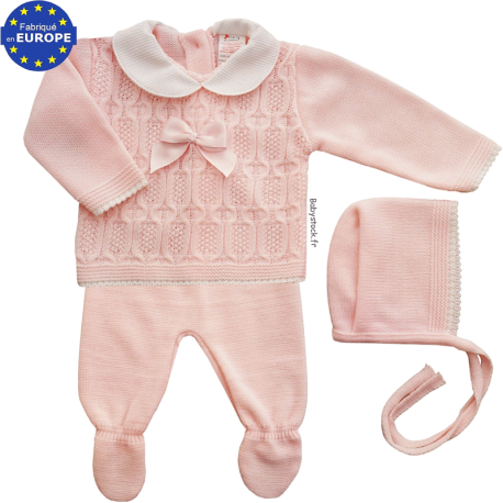 Ensemble bébé fille 3 pièces en maille rose et nœud satin