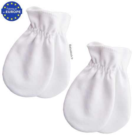 Lot 2 paires de moufles bébé anti-griffures en coton blanc
