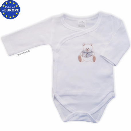 Body bébé mixte en jersey coton blanc brodé Ourson gris