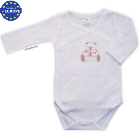 Body pour bébé fille en jersey coton blanc brodé Ourson rose