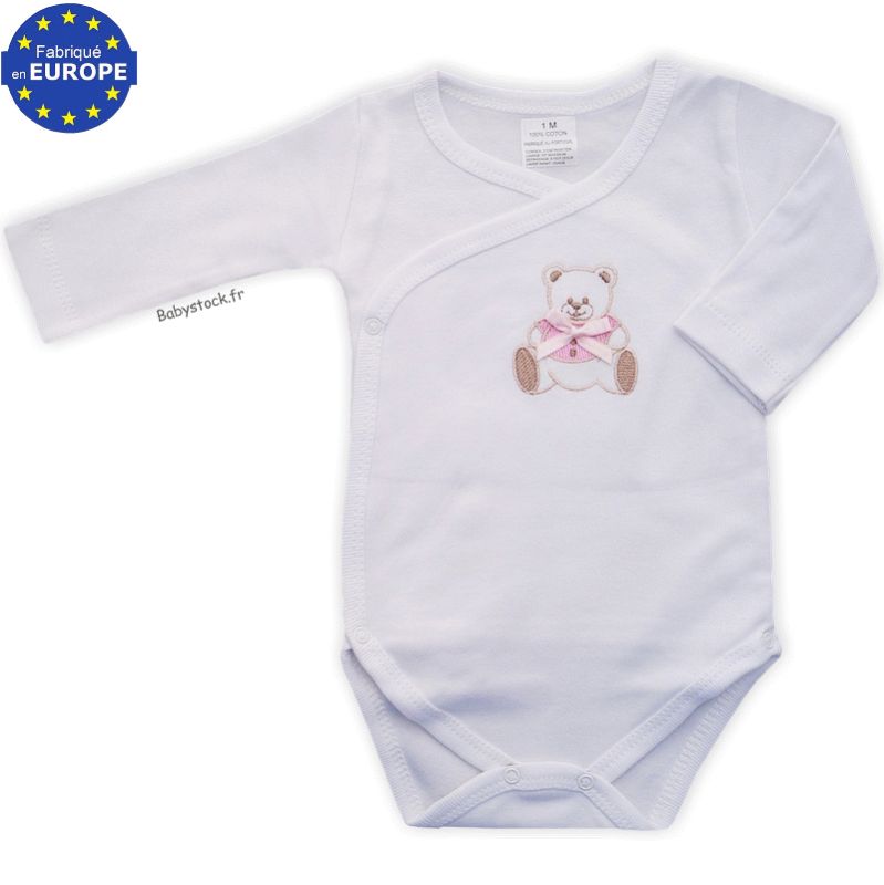 Body pour bébé fille en jersey coton blanc brodé Ourson rose fabriqué au  Portugal