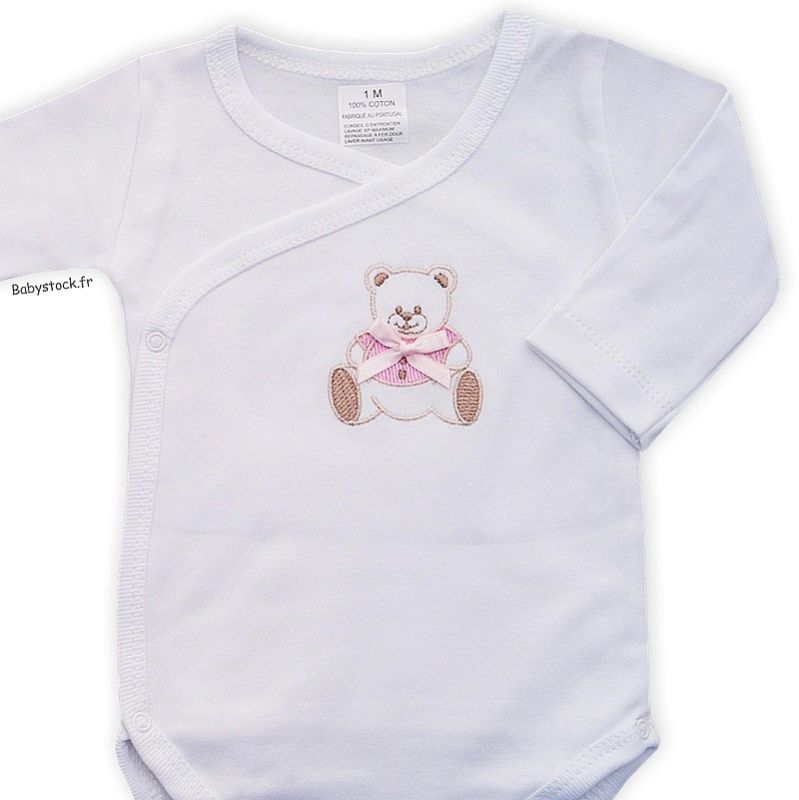 Body pour bébé fille en jersey coton blanc brodé Ourson rose fabriqué au  Portugal