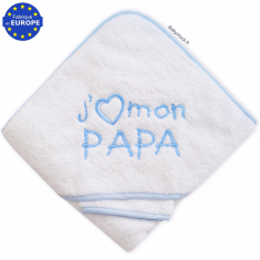 Sortie de bain bébé + gant éponge brodée J'aime Papa bleu