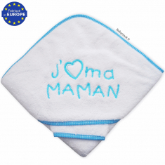 Sortie de bain bébé + gant éponge brodée J'aime Maman turquoise