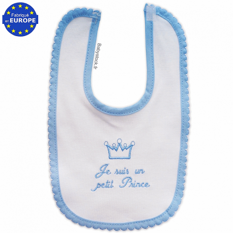 Bavoir naissance jersey coton brodé Je suis un petit Prince bleu