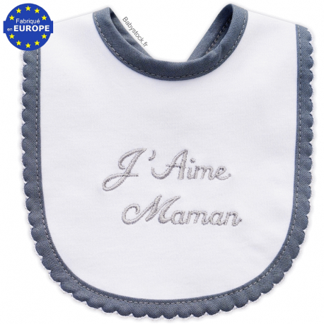 Bavoir bébé naissance jersey coton brodé J'aime Maman gris